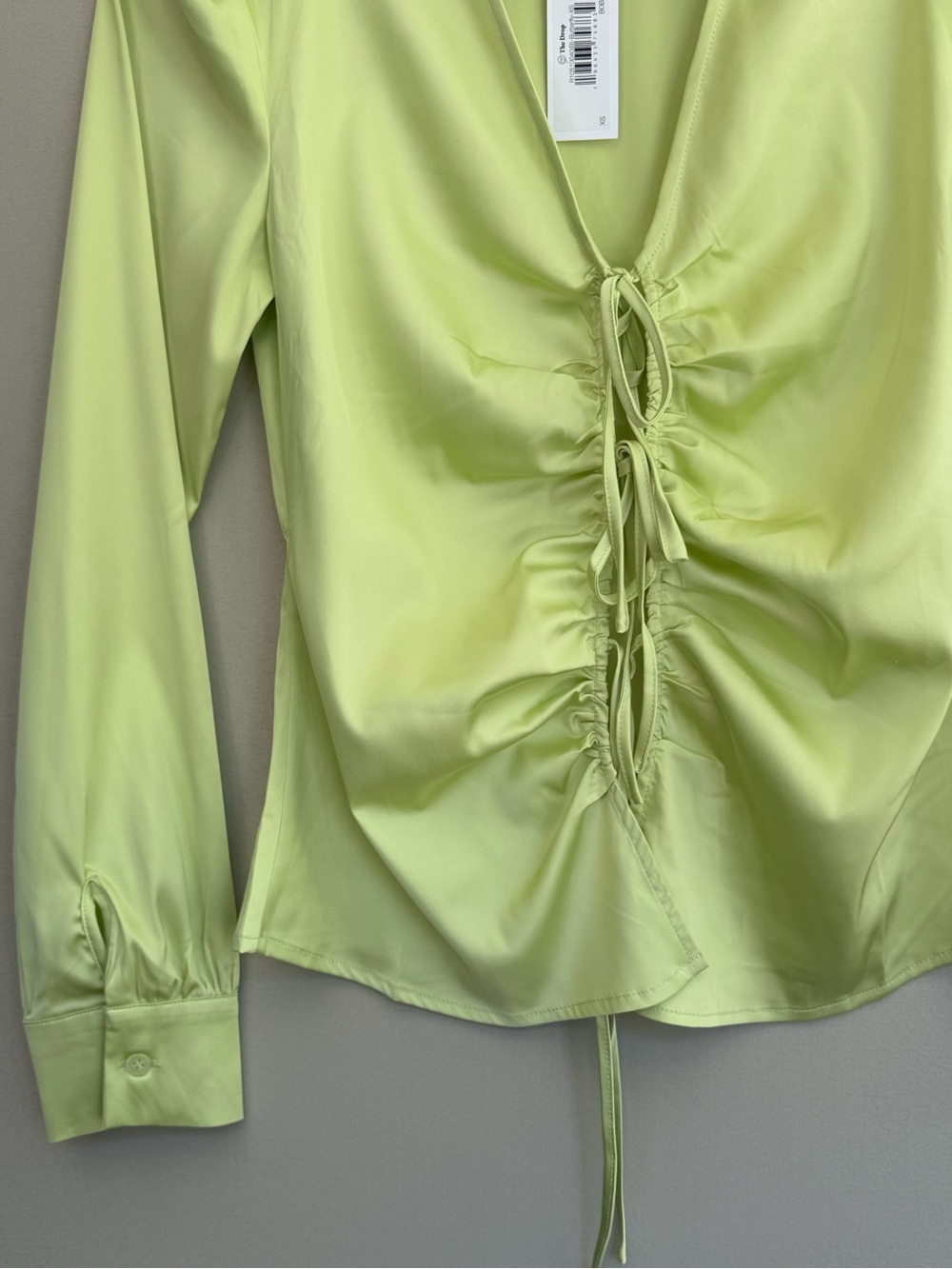 The Drop x Karen Kimball Lime Ruched Tie Front Satin Blouse Women’s XS NWT - Picture 2 of 12